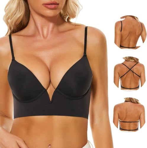 Reggiseno Schiena Scoperta Reggiseno Scollatura Profonda Reggiseno Schiena Nuda Donna Multifunzione Reggiseni Invisibile Senza Cuciture (IT, Taglia della coppa & Taglia della fascia, C, 5, Black)