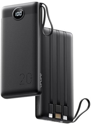 VRURC Power Bank with Built-in Cables,20000mAh Portable Charger Fast Charging PD 20W QC Quick Charge USB C Battery Pack with 4 Outputs & 2 Inputs Compatible with Smartphones Tablets
