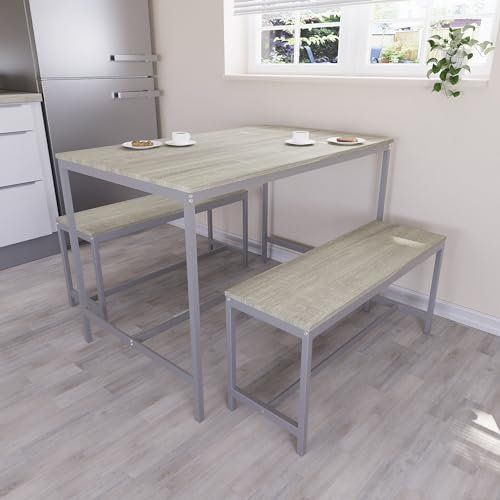 4-Sitzer-Esstisch-Set mit 2 Bänken, massives Metallgestell, modernes Eichen-Finish