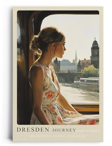 Paul Sinus Leinwandbild 80x120cm Leinwandbild Dresden Journey Nostalgie Romantik Elbe Zugreise Stadtblick Vintage Ästhetik Reise Sehnsucht Architektur