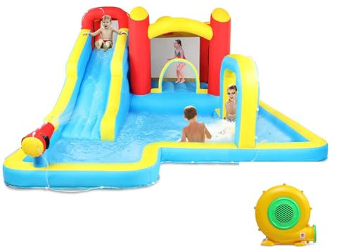 LALAHO Hüpfburg Kinder mit Gebläse, Aufblasbarer Wasserpark mit Hai-Thema, mit Trampolin, Rutsche, Schwimmbecken, Geeignet für 3 Kinder im Alter von 3 bis 10 Jahren, 380x260x240 cm