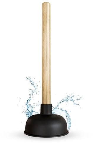 Waniya Sink Plunger Powerful Suction Sink Drain Unblocker for Sinks, Showers, Bathrooms & Bath Tub with 25cm Wooden Handle and 12.5cm Deep Rubber Suction Cup 1x Pair of Rubber Cleaning Gloves Included