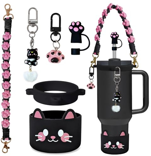 VirgoCCY 6PCS Cute Cat Stanley Cup Accessories Set for Stanley Cup 30oz 40oz, Includes Straw Topper, Siliocne Boot, Water Bottle Handle Strap, Cat Charms, Black