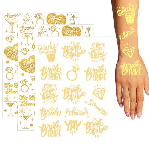 HABNI 4 Blatt Braut Bachelorette Temporäre Tattoos Bachelorette Party Gadgets Braut Team Dekorationen Hochzeitspartys Brautdusche, JGA Tattoos in Gold metallic
