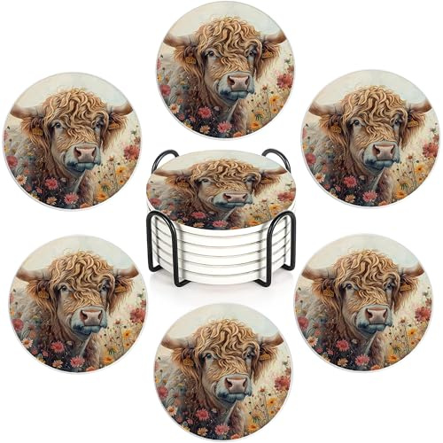 Highland Cow Flowers Set of 6 Absorbent Ceramic Coasters with Cork Base & Holder,10cm Round Drink Mats for Mugs, Wine Glasses - Spill Protection for Wood/Glass Tables