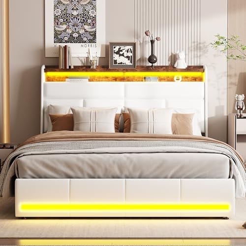 BRYXR Polsterbett 160x200 mit LED-Beleuchtung und Stauraum, Hydraulisches Jugendbett mit Lattenrost und Kopfteil für Ihr modernes Schlafzimmer (Weiß, PU)