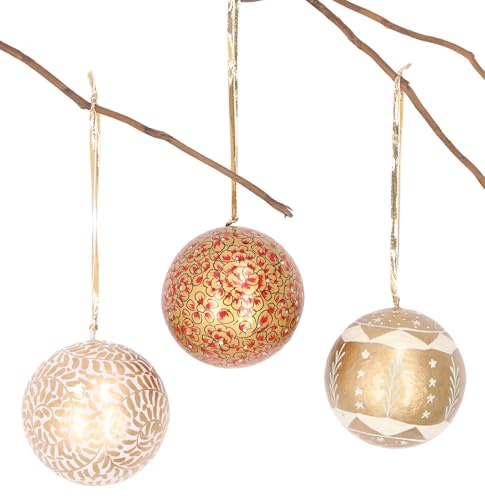 Upcycling Weihnachtskugel 3er Set aus Pappmachee, handbemalt, Muster 6 | Kaschmirkugeln, 7 cm Durchmesser, einzigartiger Christbaumschmuck, umweltfreundlich, in recycelter Box