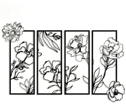 hocadon 4 Stück Wandbild Metall, Wanddeko Schwarz, Blume Minimalistische Wandkunst, Wandkunst für Wand Deko Wohnzimmer Schlafzimmer Büro Yogazimmer