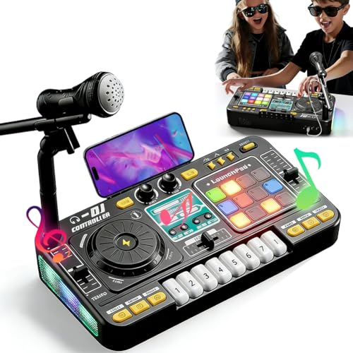 DJ Mischpult, DJ Controller mit Mikrofon & LED-Lichtern, 100+ Soundeffekte, Piano-Tastatur, Akku, Geschenk Spielzeug für DJ-Anfänger Jungen Mädchen