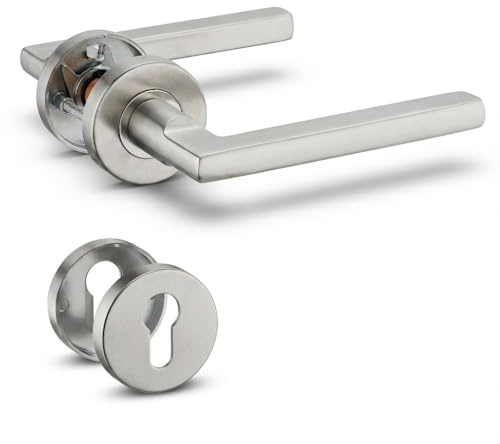 1 Pack of MANREN Stainless Steel Door Lever Handle with Cylinder Hole Escutcheon,Mortise Door Lock Handle Set,Silver Color (S02-811C)