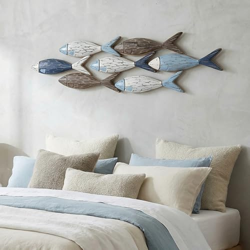LLSZAHD Wanddeko Holz Vintage Deko, 3D Distressed Fischschwarm Wandkunst, Nautische Wandbilder, Für Schlafzimmer Wohnzimmer Garten Büro Wandbehang Strandthema Heimdekoration(Size:Klein,Color:Blau)