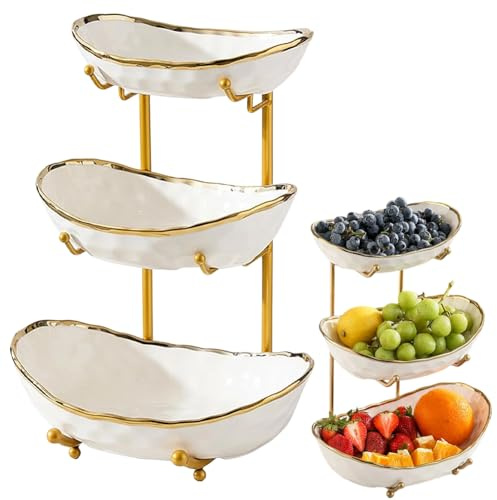 Wapasezyar Frutero de cerámica de 3 capas con estructura de metal, soporte elegante para servir frutas, verduras y aperitivos, cuenco decorativo para cocina y salón (tres capas blancas)