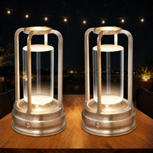 Kangtaixin Kabellose LED Tischlampe, Akku Tischleuchte 2000mAh, Dimmbar mit Touch, 3 Lichtfarben, Tischlampe für Schlafzimmer, Restaurant, Bar & Outdoor, Silber 2er Set