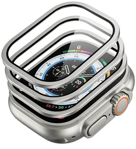 XINML Protezione schermo compatibile con Apple Watch Ultra 3/2/1, 3 pezzi in vetro temperato 49 mm, protezione schermo cassa in titanio, ultra sottile durezza 9H, anti graffi, senza bolle