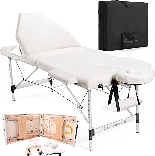 Vesgantti Portable Massage Bed Table - 3-Section Aluminium Foldable Beauty Couch for Reiki Therapy Treatment Salon Healing - Metal Headrest Support/with Carry Bag (Beige White)