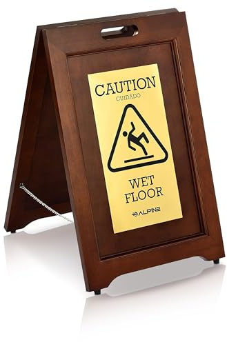Alpine Industries 2-Sided Wooden Brass Plated Wet Floor Sign - A-Frame Warning Notice - Sturdy Double Sided Fold Out Bilingual Floor Safety Alert Ideal for High End Commercial Use
