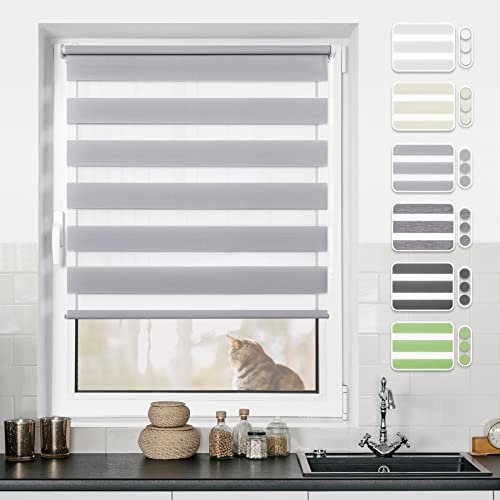 Doppelrollo klemmfix ohne Bohren Duo Rollo Grau 100x200cm(BxH)-Stoffbreite 96cm Fensterrollo Klemmrollo Springrollo Rollos für Fenster ohne & mit Bohren