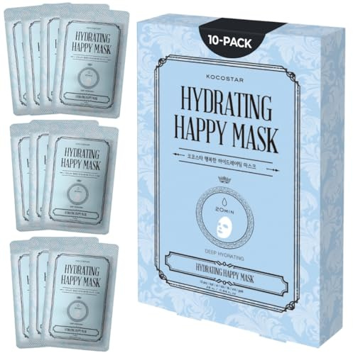 KOCOSTAR Hydrating Happy Mask - 10er-Pack feuchtigkeitsspendende koreanische Gesichtsmaske Frauen mit Hyaluronsäure, Ceramiden, Pflanzenextrakten - 20 Min. Tuchmaske, kein Ausspülen