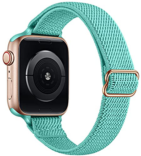 SICCIDEN Slim Stretchy Bands Compatible with Apple Watch Band 46mm/49mm/45mm/44mm/42mm, Women Elastics Nylon Thin Strap for iWatch Ultra 2/1 SE Series 10 9 8 7 6 5 4 3 2 1 (Turquoise/Rose Gold)
