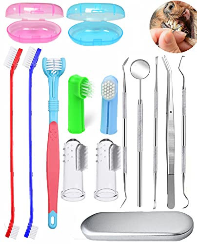 Kit De Cepillo De Dientes Para Perros,Cepillo De Dientes De 3 Lados,Cepillo De Dientes De Silicona,Herramientas De Metal, Kit Profesional De Limpieza De Dientes Para Mascotas(15 Piezas)