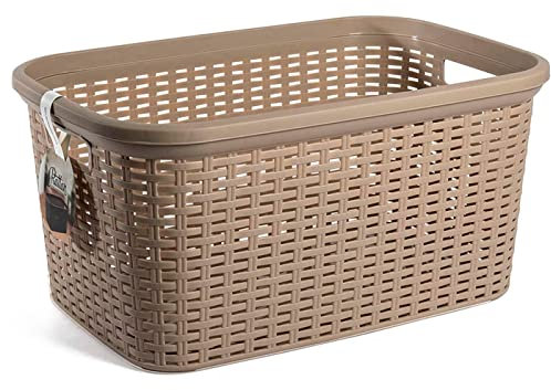 Acan Tradineur - Cesta Colada Rectangular de plástico - Fabricado en España - Capacidad de 35 litros - Estilo Mimbre - 53,5 x 36 x 26,5 cm - Color Marrón