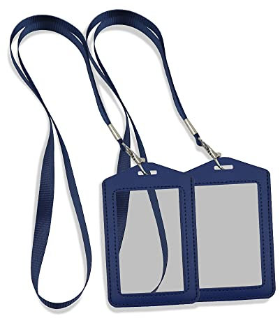 Modixun 2 x Ausweishalter aus Leder, vertikaler Leder-Visitenkartenhalter mit doppeltem transparentem Ausweisfenster, 2 abnehmbare Umhängebänder, Blau
