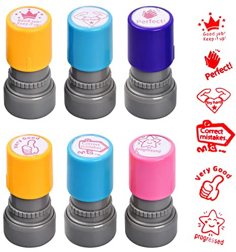 Xzeemo 6 Stück Selbstfärbender Stempel, Lehrer Bewertung Belohnung Motivation Briefmarken, Lehrerstempel Englisch, Niedliches Cartoon Kinder Stempel, Lob Siegel Ermutigung, Belohnungsstempel Set A