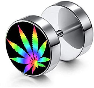 BlackAmazement Fake Plug Ohrstecker Barbell 316L Edelstahl Hanfblatt Pot Leaf Weed 8mm Silber Schwarz Damen Herren
