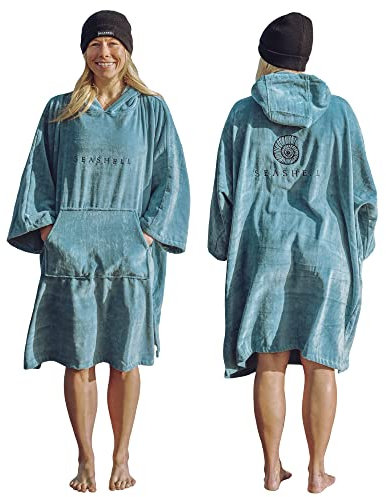 Seashell Frottee-Bademantel – Kapuzenponcho Handtuch Wickelmantel – Bio-Baumwolle (340 g/m²) mittlere Ärmel – Schwimmen – Wasser – Sport, blaugrün, Small/Medium