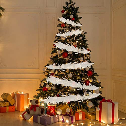 Weiße Federboa für Weihnachtsbaum,Led Feder Lichterkette Flauschige Weihnachtsgirlanden,1.8M Feder Boa Kostüm Party Tanz Hochzeit Weihnachten Nacht Streifen,Federn Weihnachten Band Boa Streifen