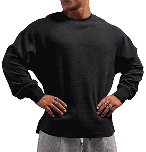Muscle Alive Herren Basic Langarmshirts Waffel Sweatshirt Lockere Trainieren Zur Seite Fahren Rundhalsausschnitt Shirt Schwarz S