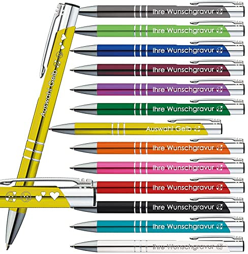 100x Kugelschreiber mit Gravur | Emojis Gravur möglich | Auswahl 13 Farben | Personalisierte Werbekugelschreiber mit Wunschgravur | PS167 (Gelb, 100 Stück)