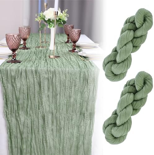 Tischläufer Salbeigrün Eukalyptus Seihtuch Boho 2 Stück Waschbar Seihtuch Kommunion Hochzeits Babyparty Tischdekoration Bogen-Drapierung 158 Zoll, 400x90 cm (Salbeigrün)