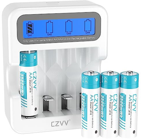 czvv Piles Rechargeables Lithium AA 1,5V - LCD Chargeur avec 4 Pack Accu Haute Capacité 3500 mWh - Ultra Rapide 2H, Longue Durée 10 Ans, 1300 Cycles, Faible Auto-décharge, Aux Souris, Manettes de Jeu