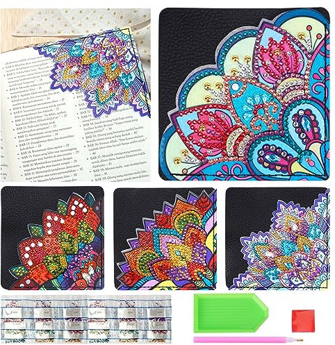 4 Pcs 5D Diamant Painting Lesezeichen, DIY Leder Eck-Lesezeichen, Basteln für Erwachsene Kinder, Mandala Diamond Painting für Reading Geschenk für Buchliebhaber