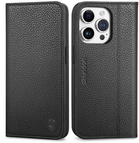 SHIELDON Hülle für iPhone 15 Pro 5G, Handyhülle Case [Litschi Echtleder] [RFID Blocker] [Kartenfach] [Standfunktion] Stoßfest Magnetisch Schutzhülle Kompatibel mit iPhone 15 Pro 6,1 - Schwarz