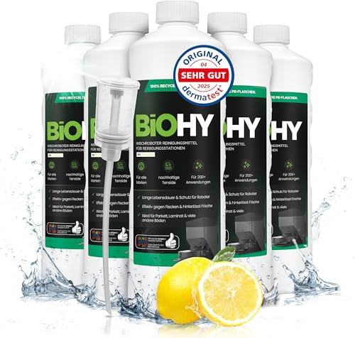 BiOHY Wischroboter Reiniger Station Frischeduft (6 x 1 Liter) mit Dosierer | Kompatibel mit Roborock, Dreame, Ecovacs, Tineco, Mova und Bissell Wisch- und Saugrobotern sowie Saugwischern