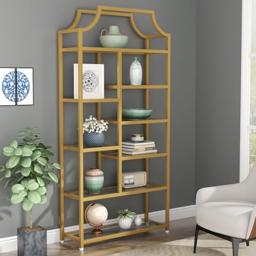 Loomie 8-Open Shelf Bookshelf, 70.87 H x 31.5 L Lux Etagere, Tempered Glass Bookcase, Tall Storage Display Modern Open Book Case for Bedroom, Home Office & Living Room, Gold Finish & Glass Shelving