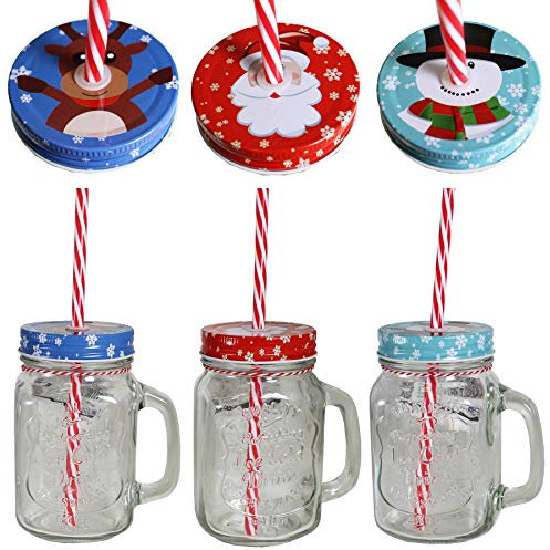Widdle Gifts Christmas Mason Jar with Handle and Straw Set of 3 Glasses - 6316