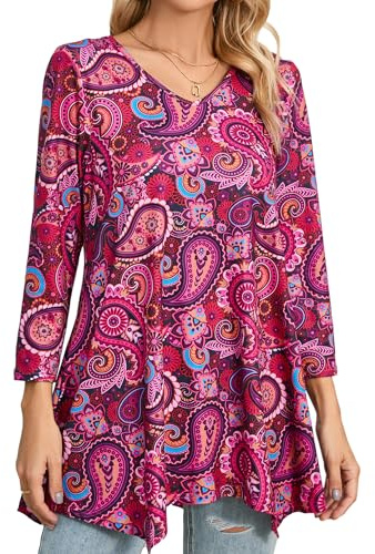 Enmain Womens Tunic Tops Long - Ladies V Neck 3/4 Sleeve Top Casual Pattern/Solid Color Hanky Hem T Shirt Blouse & Shirts for Women