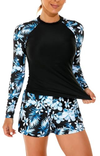 Femme Maillot de Bain Rashguard Set Manches Longues Tankini Protection Solaire Anti-UV T-Shirt Top de Sport pour Vacances Surf Plage Natation,Noir 1,S