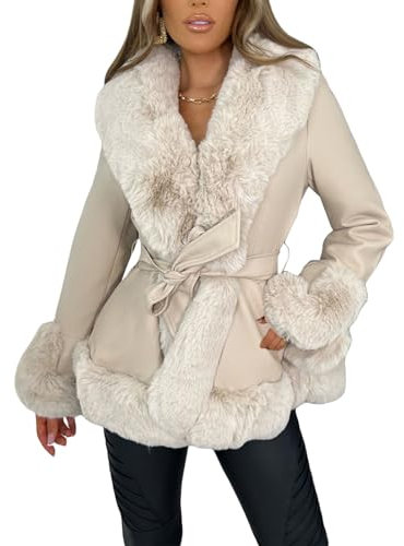 Yassiglia Winterjacke Damen Lang Gefütterte Jacke Plüsch Kragen Mantel mit Gürtel Herbst Winter Lederjacke mit Fell Elegant, Warm, Verdickt, Outdoor (Beige, S)