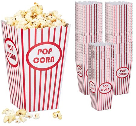 Relaxdays Popcorntüten, 60er Set, gestreift, Retro-Optik, Kino, Filmabend Zubehör, Pappe, Popcornbehälter, rot/weiß