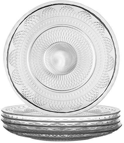 Set of 4 Glass Dessert Plates Vintage Style Glass Dinner Set Embossed Dishwasher Safe Side Plates Alfresco Dining Tableware - D20cm