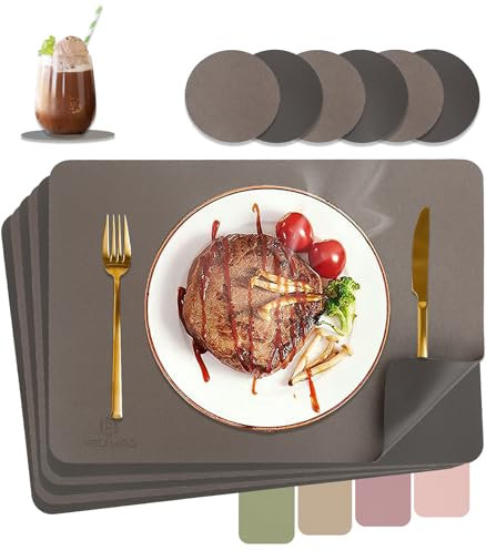 Tischsets Abwaschbar,Platzsets Abwischbar,Tischset Leder,Hitzebeständig Doppelseitigen I 6er Set Platzdeckchen Lederoptik mit Untersetzer,Tischuntersetzer,Platzdecken Goldbraun + Dunkelbraun