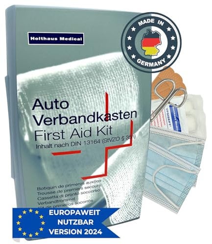 HierBeiDir Erste Hilfe KFZ- Verbandkasten - nach aktueller Norm 2024/2025 DIN 13164:2022 (StVO konform) – Verbandtasche für gesamt Europa – in Silber – MADE IN GERMANY