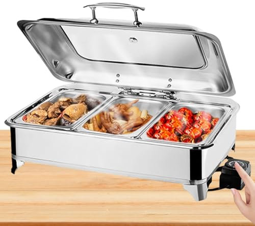 BOVDC Chafing Dish Elektrisch 9L, Edelstahl Elektrische Warmhaltebehälter Einstellbare Temperatur, Rechteckiger Chafing Dish Set Speisenwärmer mit Sichtbarem Glasdeckel (A, 1/3 Pan)