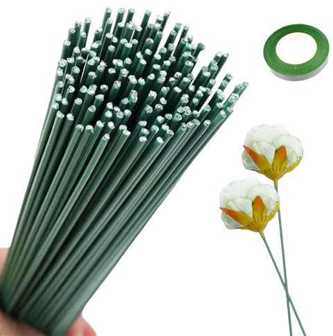 RYAN 100 Piezas Alambre Floral con 1 Cintas de Flores Alambre Floristeria 30 CM Alambre de Tallo Floral 2MM para Producción de DIY Arreglo Floral Flores Artificiales Guirnalda (Verde)