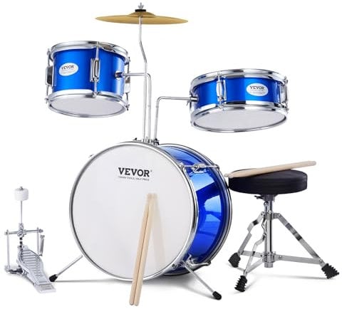 VEVOR Schlagzeugset, 3-teilig, Drum Set mit verstellbarem Thron-Becken-Pedal, Zwei Paar Drumsticks, ca. 20 cm Tom Drum, 25 cm Snare Drum, 36 cm Bass Drum, Starter-Schlagzeugset für Kinder, blau