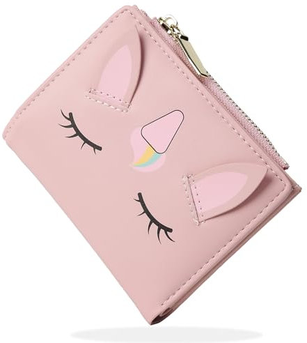 SNCCJ Süß Portemonnaie Damen, Bifold Leder Klein Geldbörse Damen mit RFID Schutz, Geldbeutel Mädchen mit Reißverschluss Münzbeutel (Einhorn Rosa)